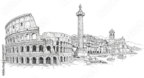 Hand drawn vector illustration of roman architecture and seascape scene for print or poster design