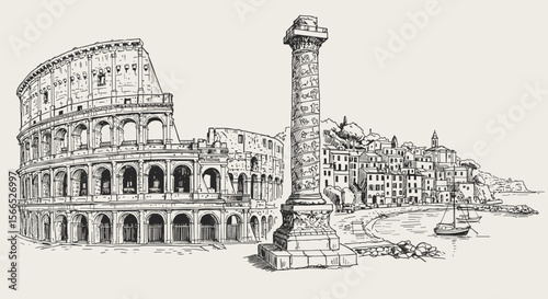 Architectural wonders of ancient rome vector illustration: colosseum and coastline scene in detailed line art for prints and posters