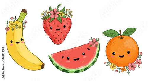 Cute fruit characters vector illustration with floral accents for playful design projects