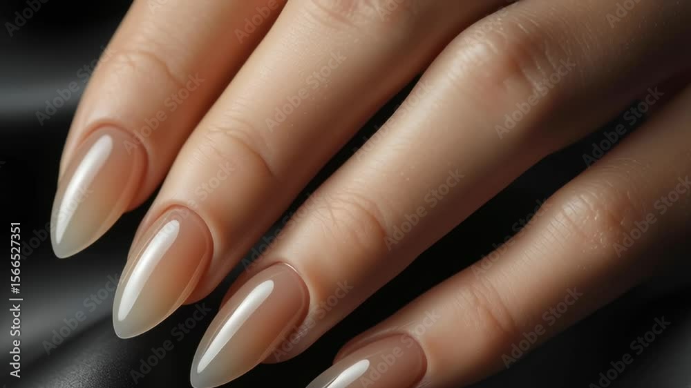 A hand with a manicured nail with a white tip. The nail is painted with a light pink color A hand with a manicured nail with a white tip. The nail is painted with a light pink color
