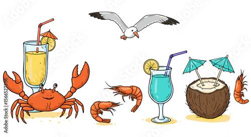 Tropical beach drinks and sea creatures vector illustration for summer designs