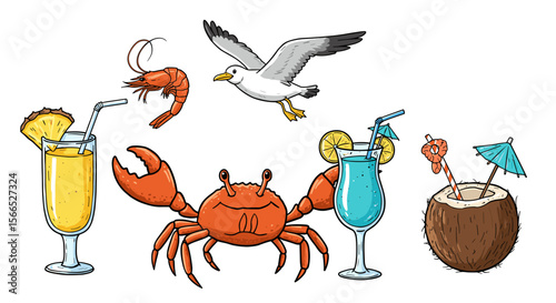 Tropical beach party vector illustration with cocktails, seafood, and seagull in cartoon style