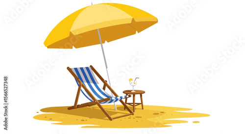 Summer beach scene vector illustration with deck chair and umbrella for relaxation and travel design