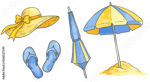 Summer beach essentials vector illustration: flat design for print and card