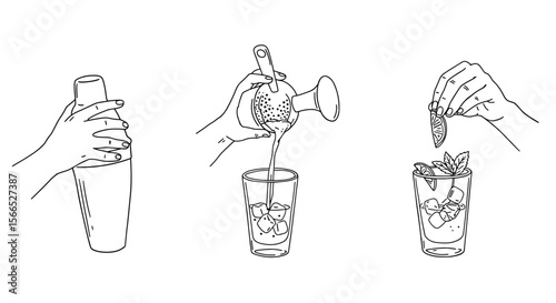 Cocktail preparation steps vector illustration: crafting refreshing drinks in line art style