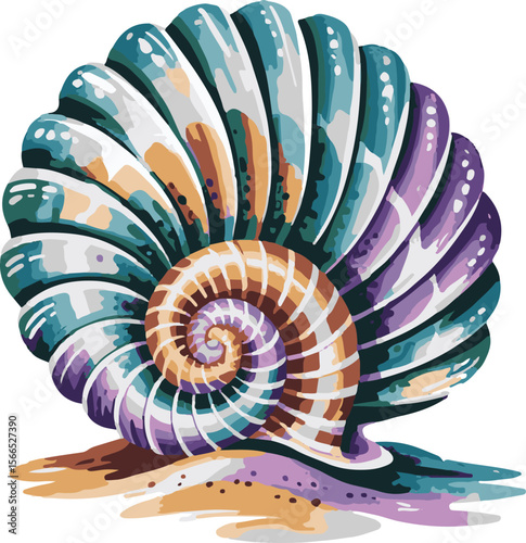 Colorful artistic illustration of a seashell featuring swirling pattern and beach sand accents