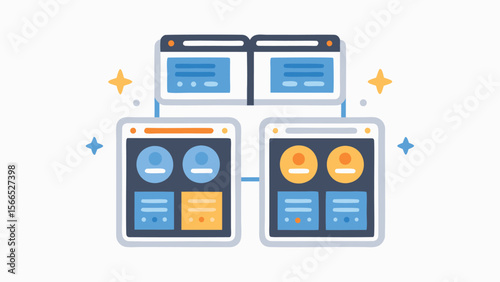 Illustration of interconnected web pages with user profiles and data visualization elements