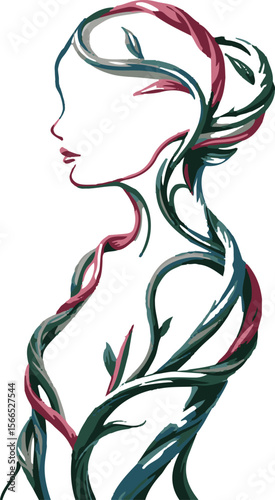 Abstract illustration of a woman's profile blended with plant vines and foliage
