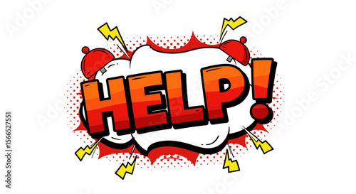 Comic style vector illustration of red and yellow help text with speech bubble for graphic design