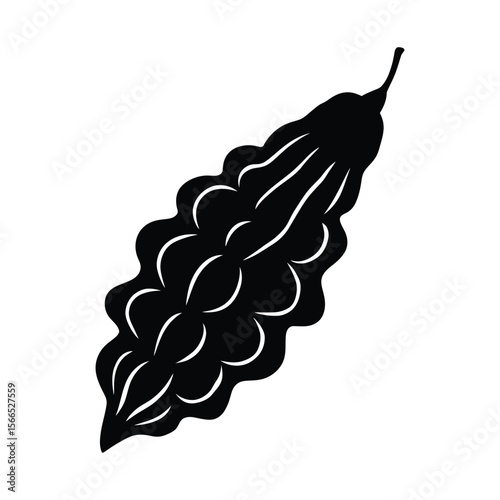 A black silhouette of a dried bitter gourd against a white background