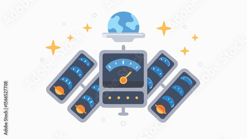 Illustration of a satellite with a globe on top surrounded by stars and gauge panels around it