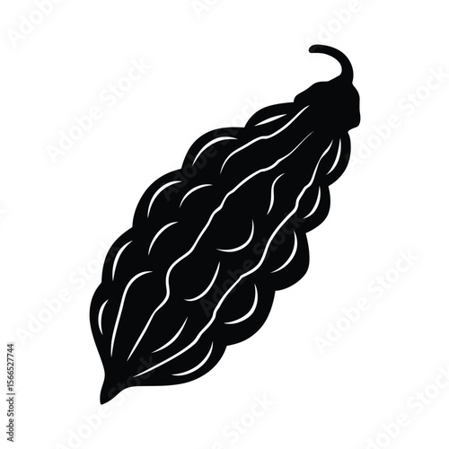 A black silhouette of a dried bitter gourd against a white background