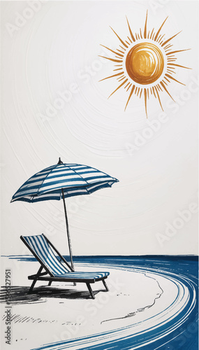 An illustration with a chaise longue, an umbrella, the sun and the ocean, drawn with felt-tip pens. Vector graphics. EPS.