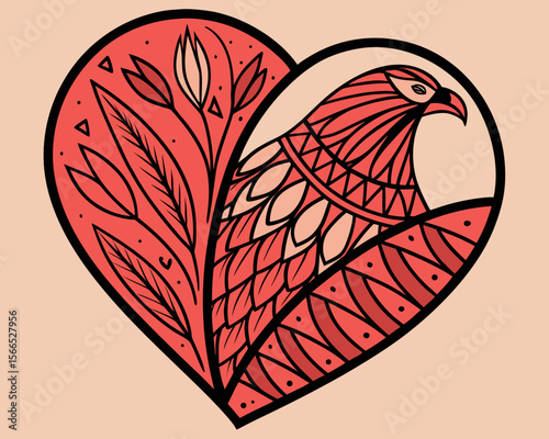 Stylized heart containing an eagle and floral elements in red and black