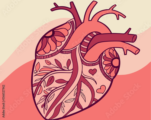 Anatomical heart with floral and heart details in shades of pink and red