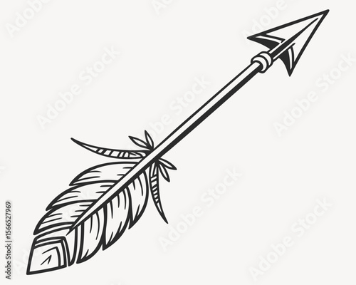 Illustration of a single native american arrow with feather fletching