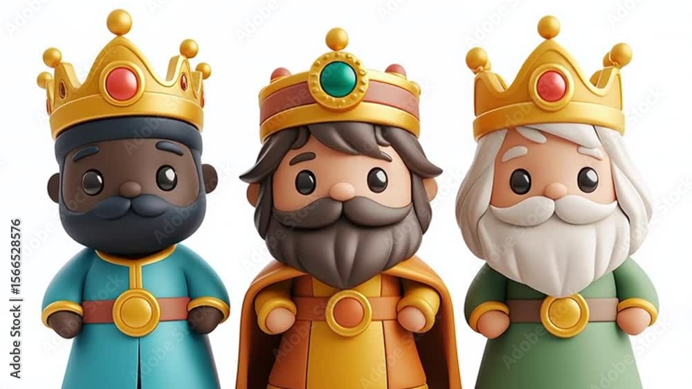 Adorables 3 Reyes Magos de dibujos animados en 3d, hechos de plastilina, cantando villancicos en navidad, sobre fondo blanco. Concepto fiestas de navidad,año nuevo y Reyes