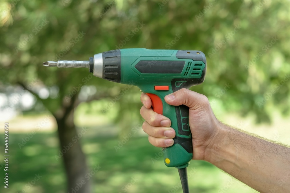 Electric screwdriver in a mans hand on a white background as well as on a tree background Electric screwdriver in a mans hand on a white background as well as on a tree background