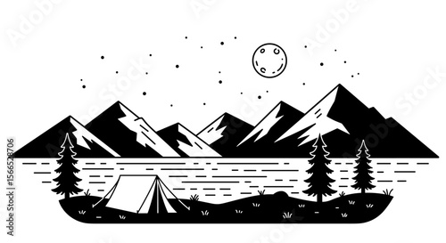 Minimalist camping under moonlit mountains vector illustration for poster or card design
