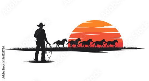 Cowboy and horse silhouettes at sunset scene vector illustration for western theme design