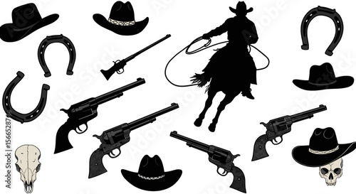 Western cowboy vector illustration with gun and hat elements for design