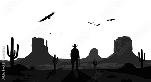 Cowboy and western landscape silhouette vector illustration for posters and artwork design