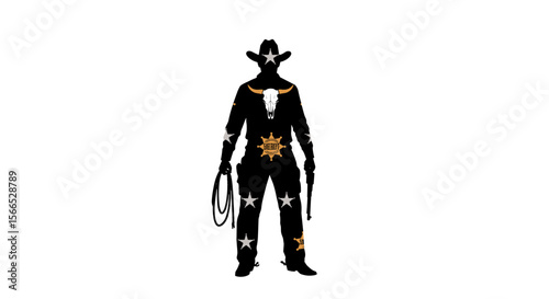 Cowboy silhouette vector illustration with star and bull skull elements