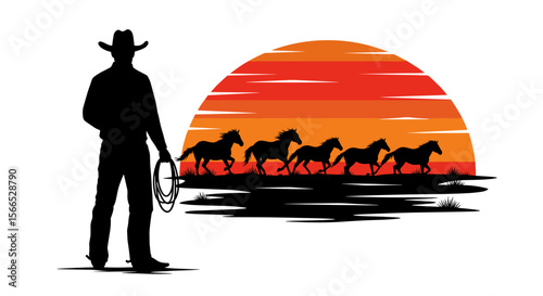 Cowboy silhouette with horses and sunset scene vector illustration for western themed design