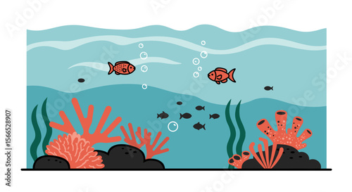 Underwater scene with fish and coral vector illustration for marine life design