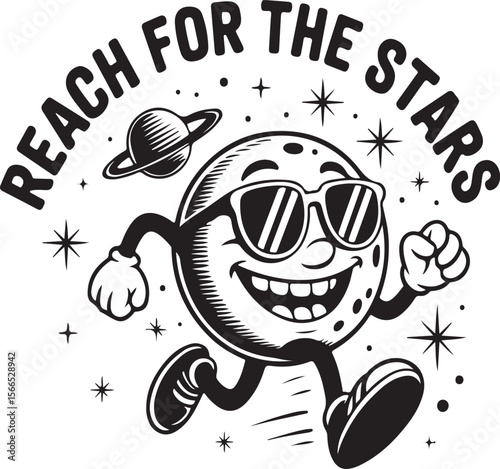 Retro cartoon illustration of a cool moon running and reaching for the stars with planet