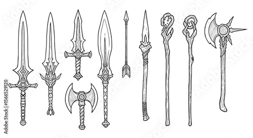 Fantasy weapons vector illustration: swords, axes, and staffs collection for gaming design