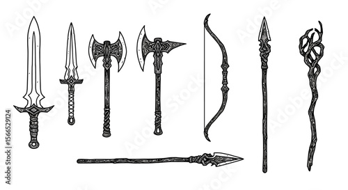 Medieval fantasy weaponry vector illustration for game design and posters in hand-drawn style