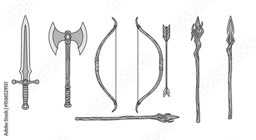 Fantasy weapon collection vector illustration for game design and posters in line art style