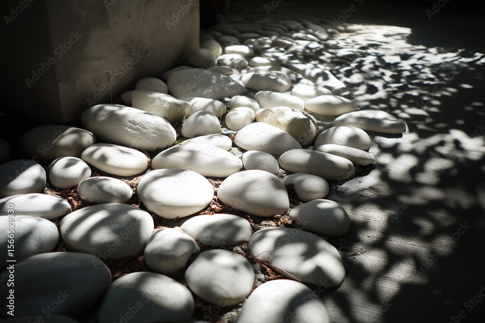 Fototapeta premium White stones on the ground. The light makes a garden with shapes and shadows.