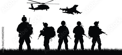 Military silhouettes with soldiers, helicopter and jet, armed forces scene, battlefield readiness, tactical gear, air support, defense concept, war zone, combat operation