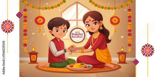 Beautiful vector of sister tying Rakhi to her brother during Raksha Bandhan festival with traditional decor, thali, diya, and happy expressions indoors