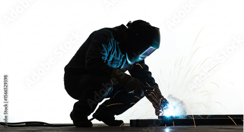 Silhouette of a welder crouching with a welding mask and sparks flying during a welding process on metal