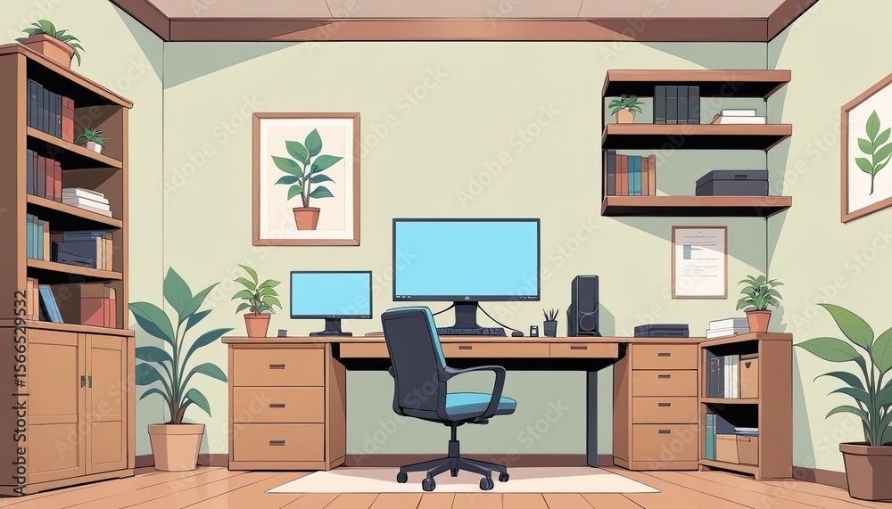 Fototapeta premium A home office space with a light beige color palette.