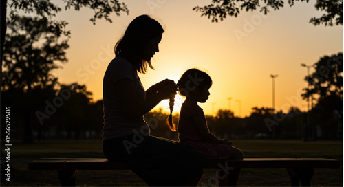 Silhouette of mother braiding her daughter's hair on a bench during a vibrant sunset in a park scene