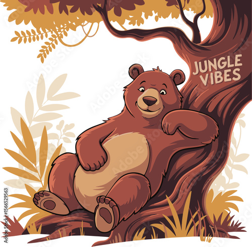 Friendly cartoon bear relaxing and enjoying jungle vibes leaning against a tree trunk in nature.