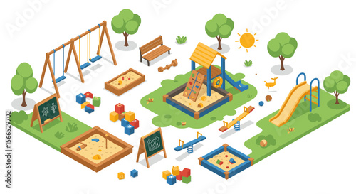 Isometric playground vector illustration with sandbox and slide elements - design for educational print and card usage