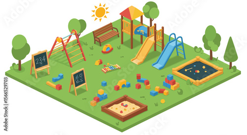 Isometric playground vector illustration featuring colorful play equipment and toys for children's activity