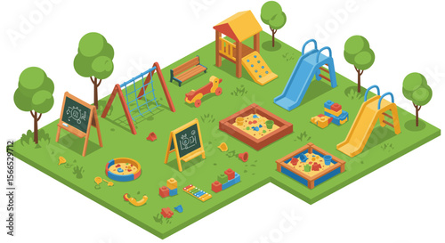 Isometric playground vector illustration with swings, slides, and sandbox for children's design projects