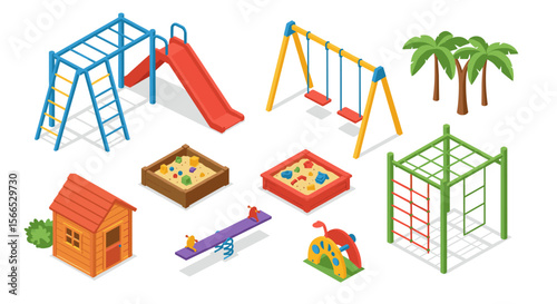 Playground equipment vector illustration: flat style design for kids recreation and outdoor fun