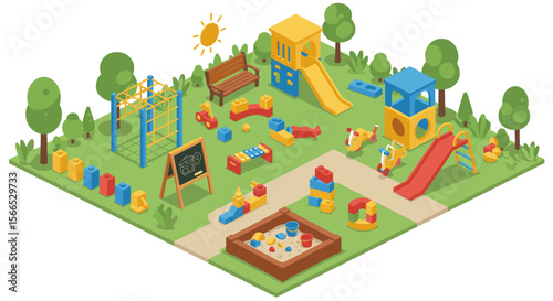 Colorful playground isometric vector illustration for children's education and playtime design