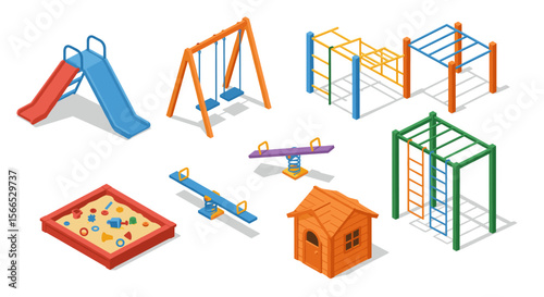 Isometric playground equipment vector illustration for children’s design projects