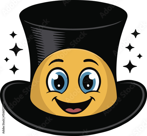 Smiling emoji in a top hat with sparkles represents magic and entertainment