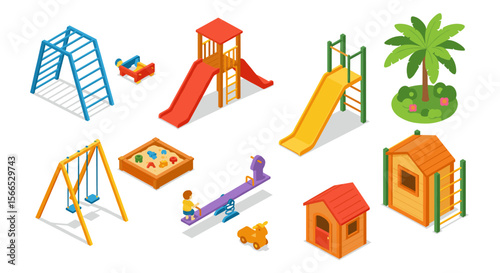 Isometric playground vector illustration with swings, slides, sandbox, and palm tree for kids' play area design