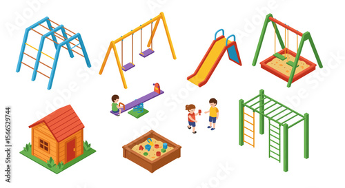 Isometric vector illustration of playground equipment for outdoor recreational design