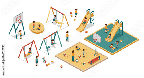 Isometric playground scene with children playing for card or poster design vector illustration
